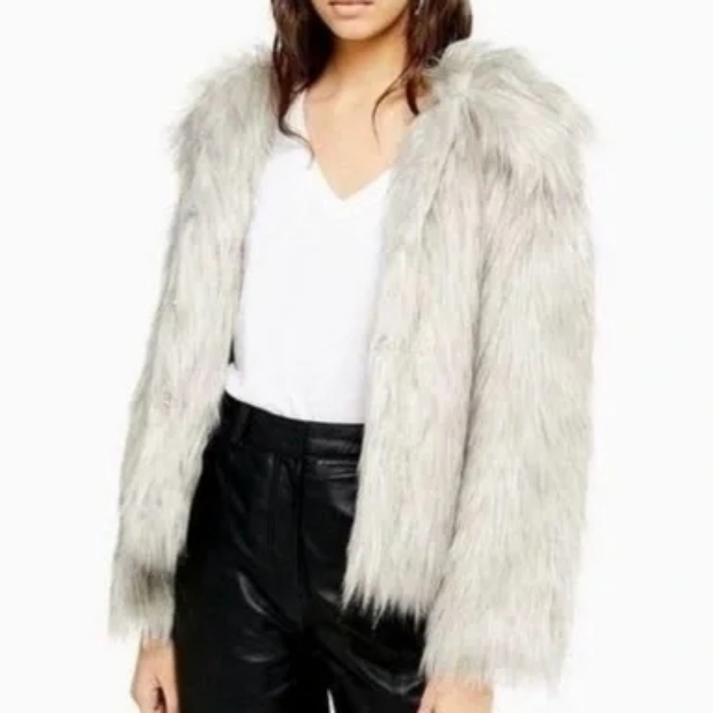 Topshop Faux Fur Grey Shag Coat Jacket Grey White - Picture 10 of 10